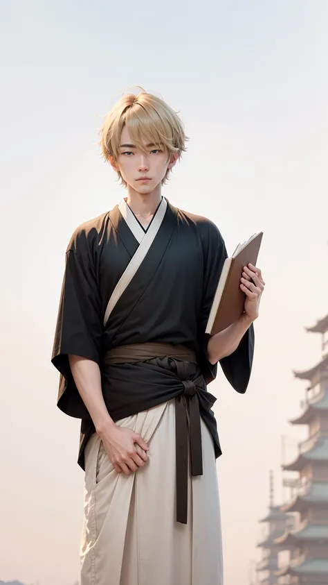 japanes,male people,24 year old,baby-face,Green eyes,Beige hair,loose wavy hair,short-hair,crossed bangs,Komono,Black Hakama,white  clothes,firm shoulders,shoulder width 5 meters,Holding a book in hand