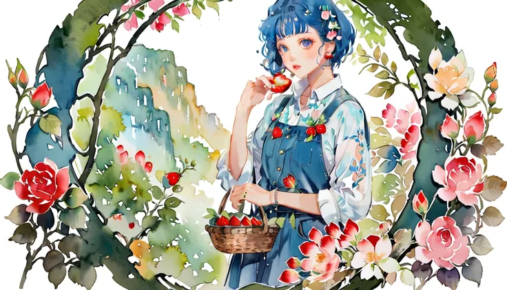 (((paper cutting style))), 1 girl, blue hair, curry short hair, portfolio, shirts, denim, strawberry ，Rose，Green leaves