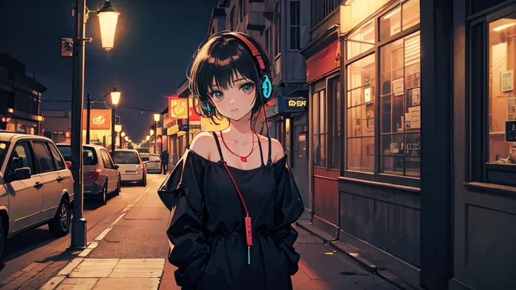 black short hair, black clothing, one adult woman looking sideways ,blue headphones、 city of night, delicate background、masterpi...