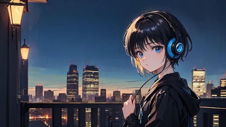 black short hair, black clothing, one adult woman looking sideways ,blue headphones、 city of night, delicate background、masterpi...