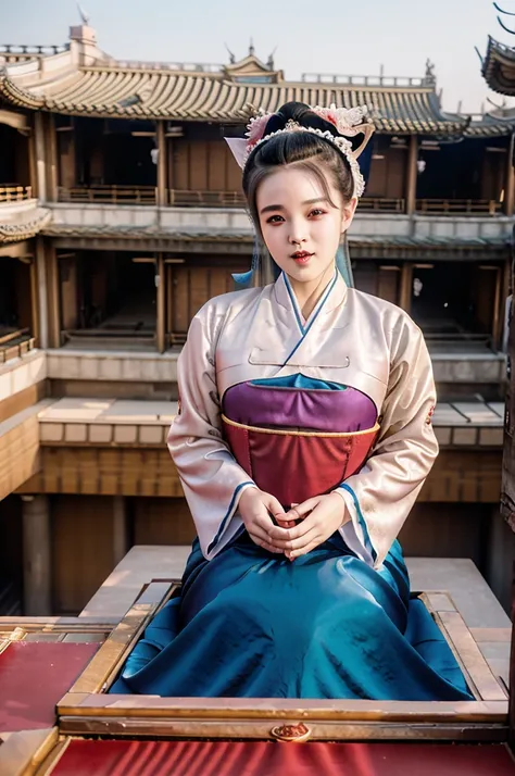 The content is about climbing the ninth floor. The background is a courtyard outside. Two people in Peking Opera costumes stacked nine tables. One of them climbed up and the other blew a horn on top of the table. There were many spectators wearing Tang sui...