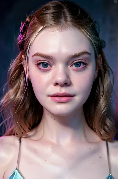 side portret of elle fanning. dark background, bright light up front, detailed face, face tilted to the left