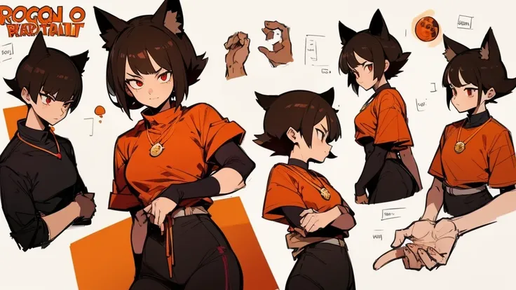 Screenshot from My Hero Academia school of a girl with short brown hair red eyes wearing a red quartz necklace wearing a black and orange outfit with Dragon Ball powers with brown cat ears 