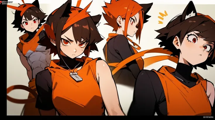 Screenshot from My Hero Academia school of a girl with short brown hair red eyes wearing a red quartz necklace wearing a black and orange outfit with Dragon Ball powers with brown cat ears 