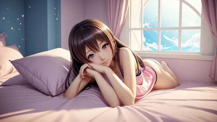 anime girl laying on bed with head on pillow in front of window, 4 k manga wallpaper, anime art wallpaper 8 k, 4k anime wallpaper, anime art wallpaper 4 k, anime art wallpaper 4k, anime style 4 k, anime background, anime background art, makoto shinkai cyri...