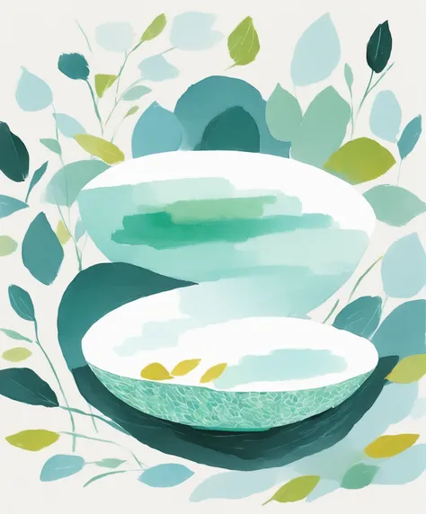 Close-up photo of bowl, Minimalist illustration, tea pattern,clear edges,((White light paper background)),blue green bowl,Flat illustration,oil paint strokes