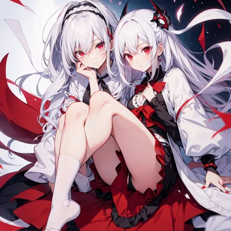 Anime shoujo，white hair，red eyes，Uniformarefoot