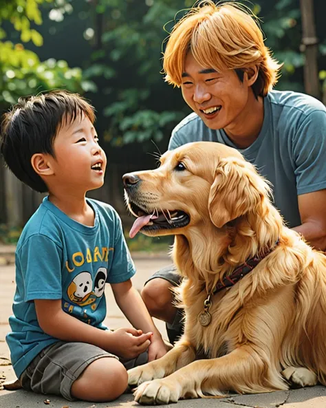 The author plays with his golden retriever Lucky as a boy.。Lucky watches over the author with kindness、The innocent boy&#39;s smile is shining