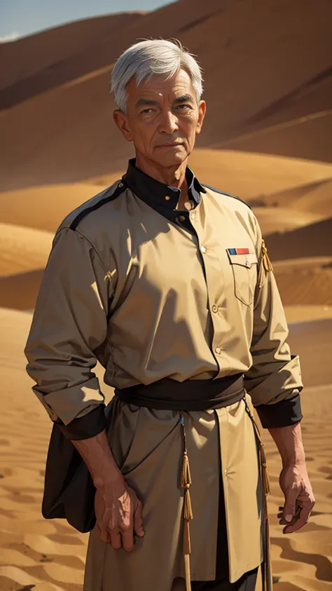 Portrait of a man in his 60s、standing、 soldier、Long body、 、desert background、