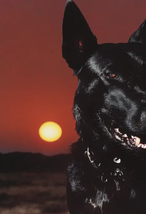 dog with big muzzles at head in front of sunset