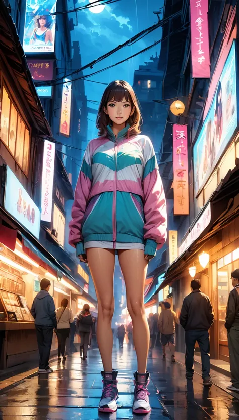 Rainy night,city,Beautiful woman with gal make-up wearing a sports suit on the busy street of Gintama, Surrounded by sellers, Beautiful portrait of a stunning goddess girl, Beautifully detailed face, Porcelain-like skin, Full Body Shot, Centered, Super sof...