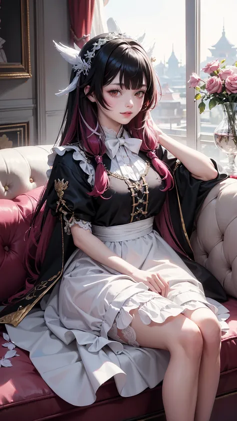 Columbina_(genshin impact), white roses, ornament hair, roses on her hair, maid, maid dress, maid headdress, maid apron, black hair, pink hair, long hair, seat on a sofa, minimalist home style, Chinese maid dress, white dress, more details on her clothes, ...