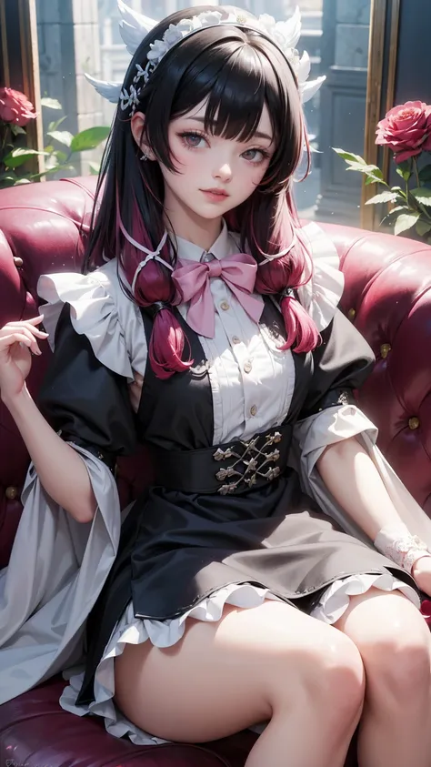 Columbina_(genshin impact), white roses, ornament hair, roses on her hair, maid, maid dress, maid headdress, maid apron, black hair, pink hair, long hair, seat on a sofa, minimalist home style, Chinese maid dress, white dress, more details on her clothes, ...