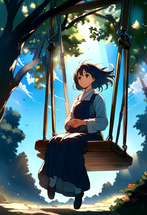 “Create an anime-style illustration in the style of Makoto Shinkai. The scene features a vast, majestic blue sky framed by the branches of a large, leafy tree. Sunlight filters through the leaves, casting a serene glow. In the center, a woman is sitting on...