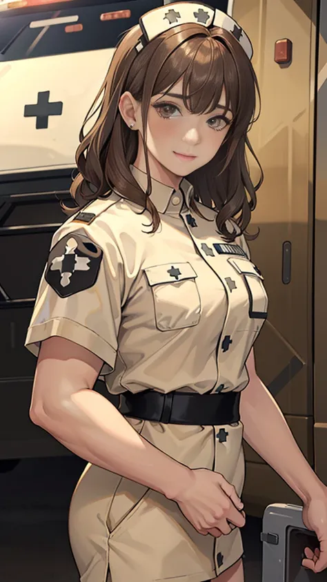 (masuter piece, best quality, very detailed), (fine face), 1 women, nurse、standing、from the waist up、golden hair、curly hair、bangs、lots of bangs、brown Eyes、Slight smile、nurse uniform , (in desert:1.5) , (ambulance:1.5)