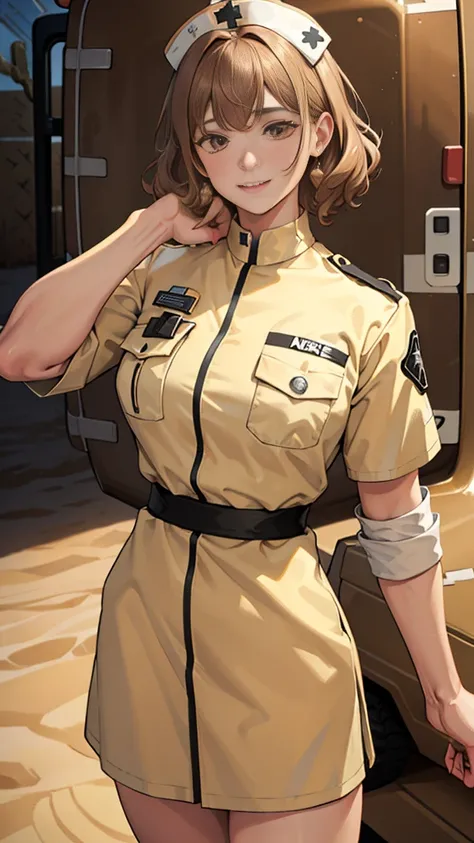 (masuter piece, best quality, very detailed), (fine face), 1 women, nurse、standing、from the waist up、golden hair、curly hair、bangs、lots of bangs、brown Eyes、Slight smile、nurse uniform , (in desert:1.5) , (ambulance:1.5)