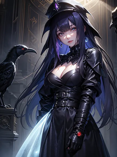 girl, dark, glowing eyes, evil, evil smile, raven nearby