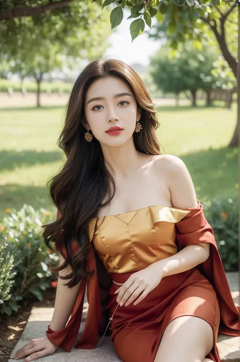 (((best quality))),(((ultra detailed))),(((masterpiece))),illustration,1 beautiful girl,solo,red dress,summer,cherry orchard,sunlight,dappled light,fair skin,smile,ripest cherries on the tree,red lips,chirping birds,soft rustle,peaceful,summer breeze,blush...