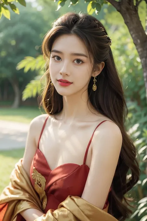 (((best quality))),(((ultra detailed))),(((masterpiece))),illustration,1 beautiful girl,solo,red dress,summer,cherry orchard,sunlight,dappled light,fair skin,smile,ripest cherries on the tree,red lips,chirping birds,soft rustle,peaceful,summer breeze,blush...