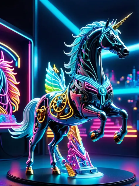 (mechanical neon unicorn:1.5)，mystery生物 , (mystery的霓虹机器), (mechanobiology)，glowing neon lights，mystery，phantom，transparent，biolu...