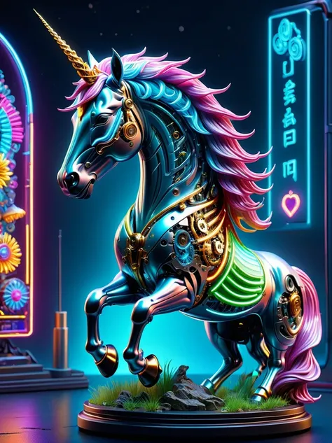 (Mechanical Neon Unicorn:1.5)，mystery生物 , (mystery的霓虹机器), (Mechanobiology)，Glowing neon lights，mystery，phantom，transparent，Bioluminescence，Holy Light，Fluorescence，charm，mystery，Vibrant colors，Detailed description，real，超级real，A spectacular technological fan...