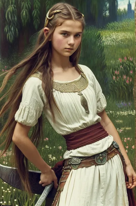 England, 878. close-up of a A young ((((15-year-old)) Brida)), viking girl, fierce, very thin and skinny ((((viking clothings from the 870s)))), ((dark brunette hairstyle of the 870s)), ((colorful, Monet))