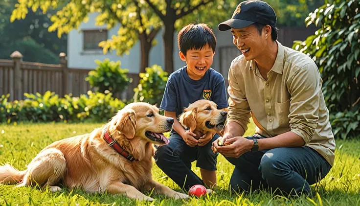 The author plays with his golden retriever Lucky as a boy.。Lucky watches over the author with kindness、The innocent boy&#39;s smile is shining