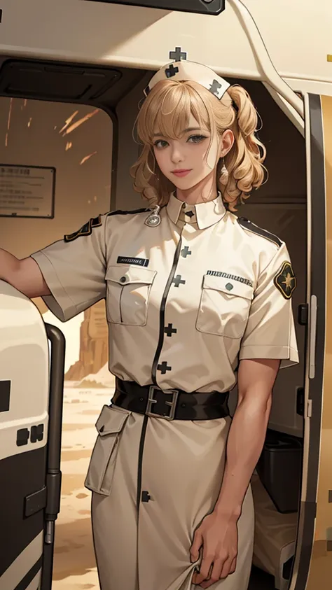 (masuter piece, best quality, very detailed), (fine face), 1 women, nurse、standing、from the waist up、golden hair、curly hair、bangs、lots of bangs、brown Eyes、Slight smile、nurse uniform , (in desert:1.5) , (ambulance:1.5)