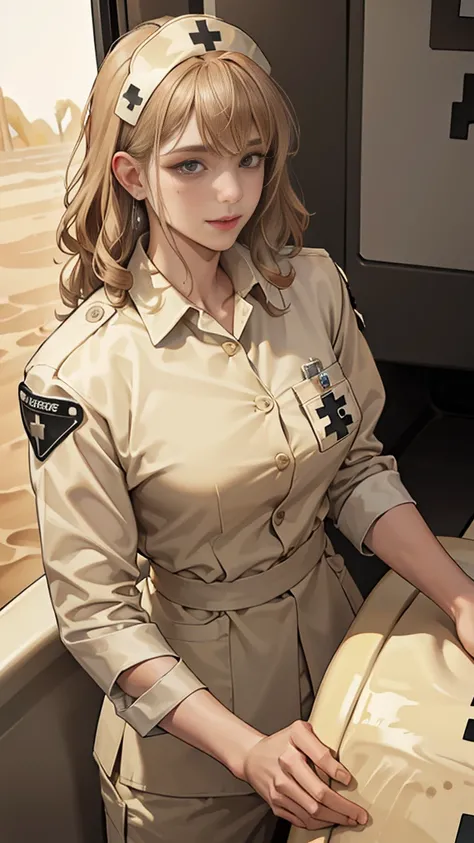 (masuter piece, best quality, very detailed), (fine face), 1 women, nurse、standing、from the waist up、golden hair、curly hair、bangs、lots of bangs、brown Eyes、Slight smile、nurse uniform , (in desert:1.5) , (ambulance:1.5)