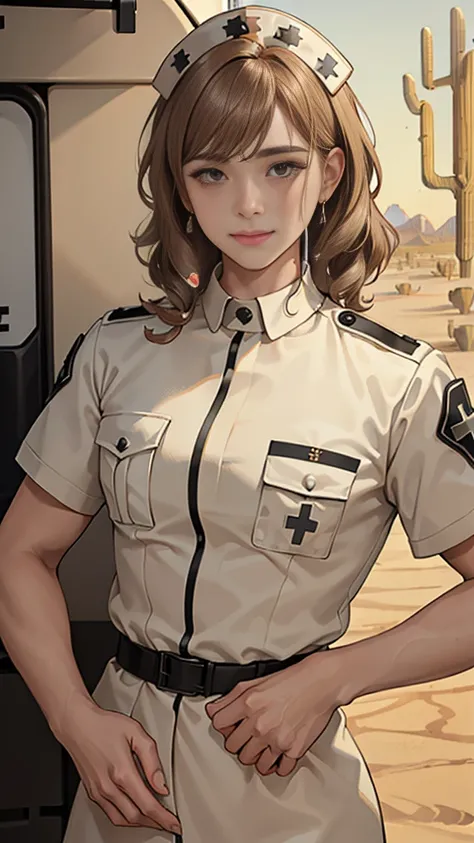 (masuter piece, best quality, very detailed), (fine face), 1 women, nurse、standing、from the waist up、golden hair、curly hair、bangs、lots of bangs、brown Eyes、Slight smile、nurse uniform , (in desert:1.5) , (ambulance:1.5)