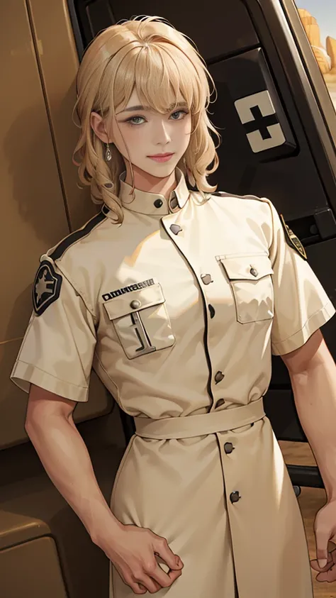 (masuter piece, best quality, very detailed), (fine face), 1 women, nurse、standing、from the waist up、golden hair、curly hair、bangs、lots of bangs、brown Eyes、Slight smile、nurse uniform , (in desert:1.5) , (ambulance:1.5)