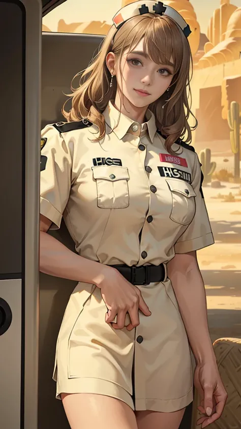 (masuter piece, best quality, very detailed), (fine face), 1 women, nurse、standing、from the waist up、golden hair、curly hair、bangs、lots of bangs、brown Eyes、Slight smile、nurse uniform , (in desert:1.5) , (ambulance:1.5)