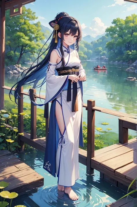 ((4K,masterpiece,Highest quality)), Shui Movissim, Traditional Chinese Ink Painting, Lotus,  Hanfu, Maxi Kit, A girl dressed modestly, alone, Long Blue Hair, smile, Are standing, Soak your feet in water, barefoot,
