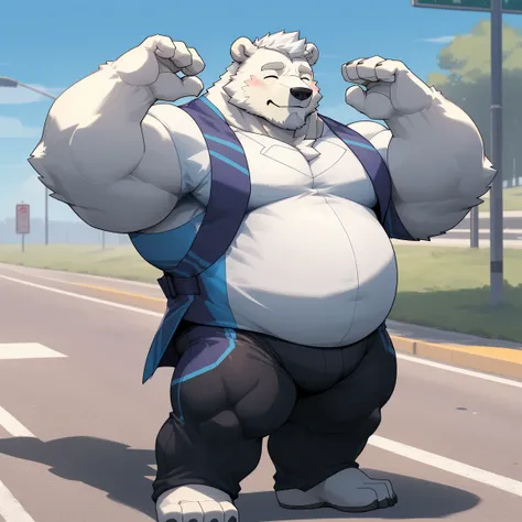 masterpiece, best quality, 8k resolution, Very detailed, hairy，(((polar bear))，(((Mature)))，(((beard))),(((Strong)))，(((White hair all over body)))，portrait，(((White hair)))，(((Roadside)))，(((Left hand on waist)))，For the audience，(((Purple tight gel coat)...