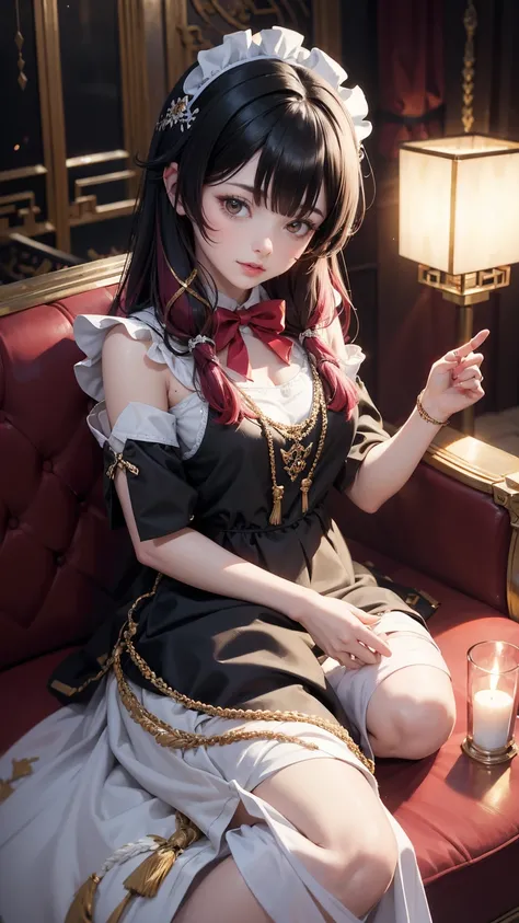 Columbina_(genshin impact), white roses, ornament hair, roses on her hair, maid, maid dress, maid headdress, maid apron, black hair, pink hair, long hair, seat on a sofa, chinese home style, Chinese maid dress, gold lantern, white dress, more details on he...