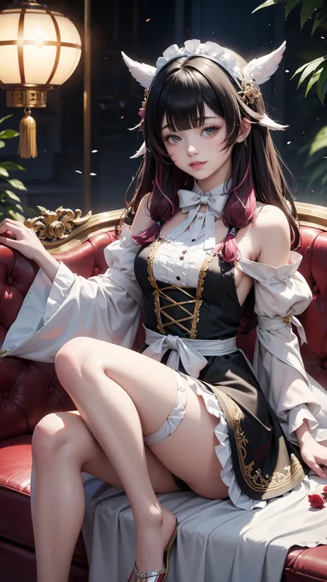 Columbina_(genshin impact), white roses, ornament hair, roses on her hair, maid, maid dress, maid headdress, maid apron, black hair, pink hair, long hair, seat on a sofa, chinese home style, Chinese maid dress, gold lantern, white dress, more details on he...