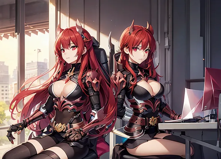 score_9, score_8_up, score_7_up, score_6_up, score_5_up, score_4_up, source_anime, tomboy girl, long hair, Bust Cup B , open-chest outfit, Guillotine Cross Set, breastplate, waist armor, Armor, red hair, red eyes, Sparkling eyes, sit, Mobile gaming mouse, ...