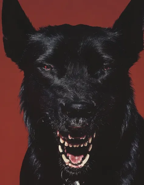 close up head of black dog with giant fangs all over head