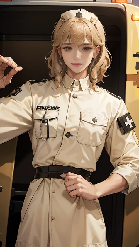 (masuter piece, best quality, very detailed), (fine face), 1 women, nurse、standing、from the waist up、golden hair、curly hair、bangs、lots of bangs、brown Eyes、Slight smile、nurse uniform , (in desert:1.5) , (ambulance:1.5) 