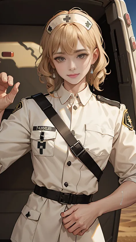 (masuter piece, best quality, very detailed), (fine face), 1 women, nurse、standing、from the waist up、golden hair、curly hair、bangs、lots of bangs、brown Eyes、Slight smile、nurse uniform , (in desert:1.5) , (ambulance:1.5) 