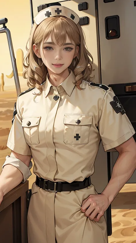 (masuter piece, best quality, very detailed), (fine face), 1 women, nurse、standing、from the waist up、golden hair、curly hair、bangs、lots of bangs、brown Eyes、Slight smile、nurse uniform , (in desert:1.5) , (ambulance:1.5) 