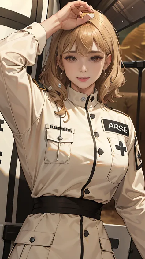 (masuter piece, best quality, very detailed), (fine face), 1 women, nurse、standing、from the waist up、golden hair、curly hair、bangs、lots of bangs、brown Eyes、Slight smile、nurse uniform , (in desert:1.5) , (ambulance:1.5) 