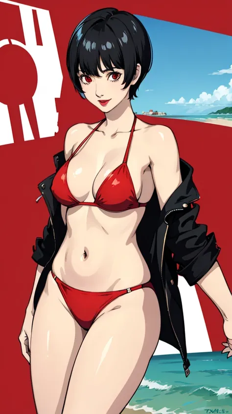  1 girl, Red eyes, very Short hair, lipstick, smile, black hair, female , tomboy Pixie haircut, thicc legs, bikini, belly, small breast, lipstick, half shot, beach background