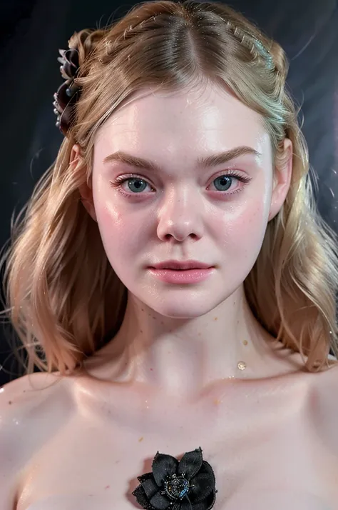 Side portret of elle fanning. Dark background, bright light up front, detailed face, face tilted to the left, showing her right cheek, topless, dark background