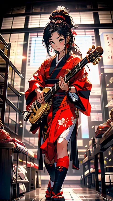 “Show Benzaiten, the Japanese goddess of music, knowledge, and the arts, playing a biwa (traditional Japanese lute).”