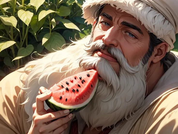 a man with white beard of age 55 is eating water melon in village in 1975