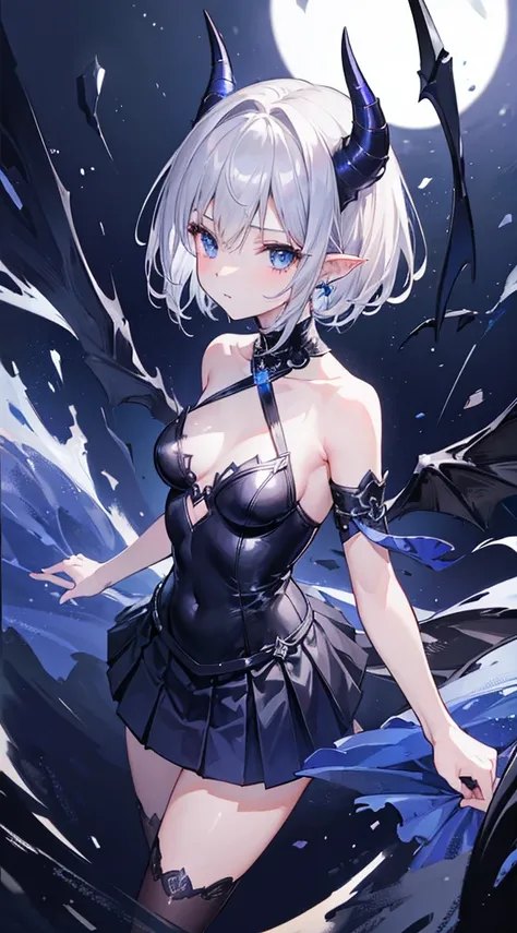 (8K、Best image quality、top quality、masterpiece)、1 woman、dark silver hair、short hair devil horns、blue eyes、pointy ears、pierced chest、leotard、Mini pleated skirt、cowboy shot、night、Night Scene Background、taken from above