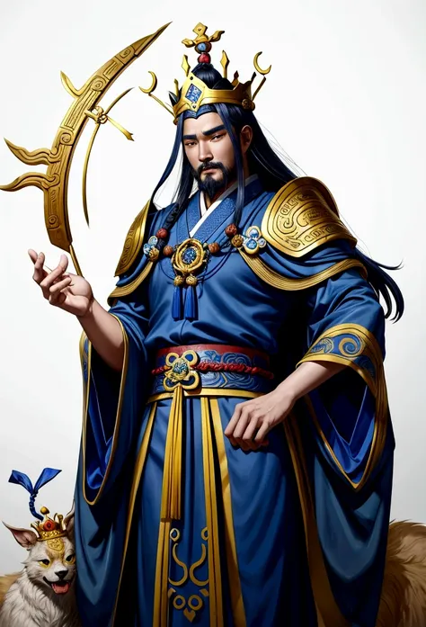 Araped man wearing blue robe and crown in field, Inspired by Hua Hua Bin, judge(Fan Kuan)Works inspired by, Guan Yu, 조즈바이Works inspired by, 리칸inspired by, 동위안inspired by, Zhaoyun, Inspired by Guo Xi, yellow heart(Huang Shen)inspired by, Inspired by Emperor...