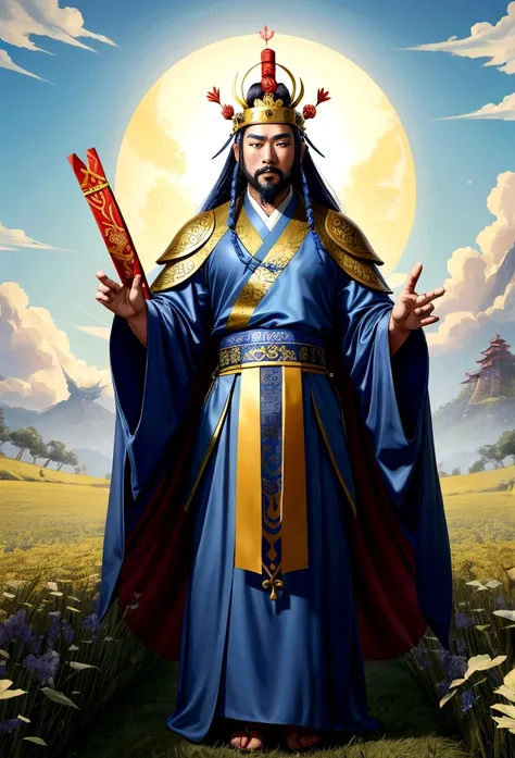 araped man wearing blue robe and crown in field, inspired by hua hua bin, judge(fan kuan)works inspired by, guan yu, 조즈바이works i...