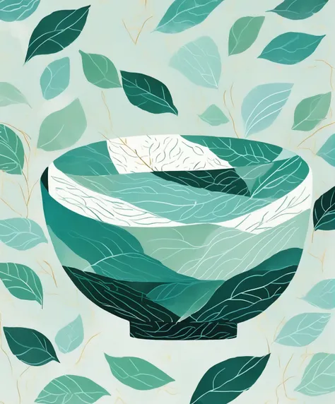 close up of a bowl,minimalist illustration,blue-green bowl with tea leaf pattern,clear bowl edges,solid color background,paper texture background,bowl with oil painting brushstrokes,strong texture,illustration style,abstract painting,elegant colors,clear l...